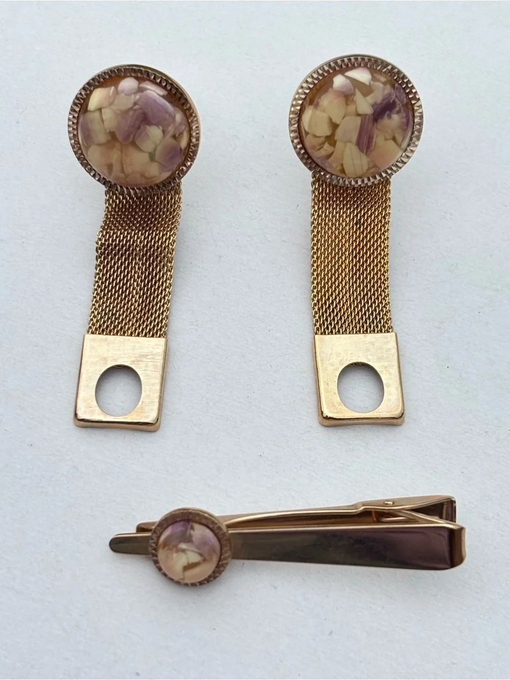 Vintage Gold Tone Mesh Wrap Cufflinks & Matching Tie Clip Set Pressed Flower Luc